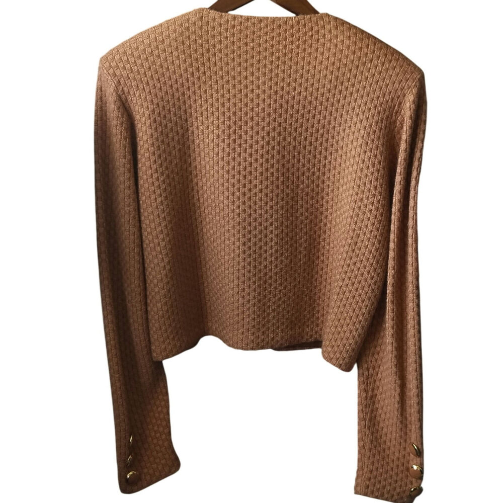 St. John by Marie Gray Textured Knit Jacket Camel Brown Gold Button Cropped 10 - Picture 3 of 5